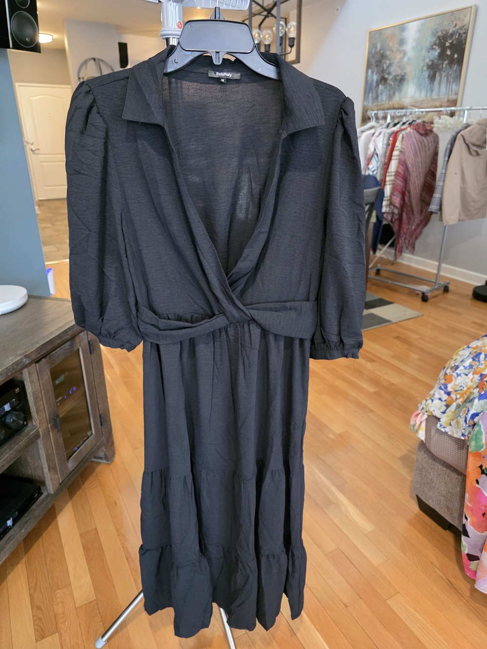 Collared Black Tiered Midi Dress
